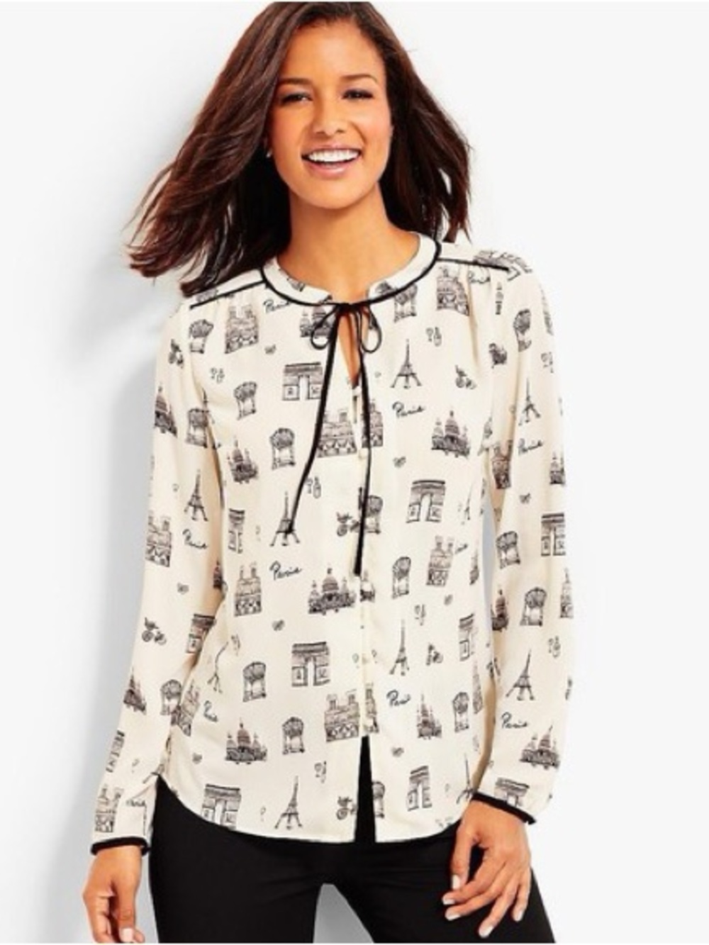Talbots White and Black Paris Print Blouse